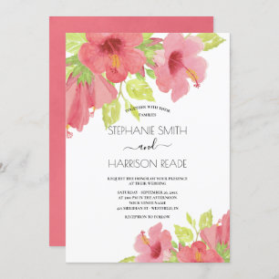 Pink Watercolor Hibiscus Floral Wedding Invitation