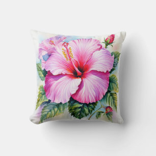 Pink Watercolor Hibiscus Flower Cushion