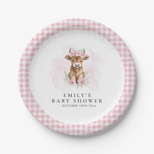 Pink Watercolor Highland Cow Girl Baby Shower Paper Plate (Front)