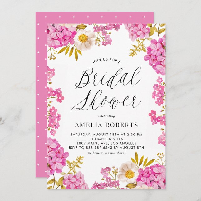 Pink Watercolor Hydrangea Floral Bridal Shower Invitation (Front/Back)