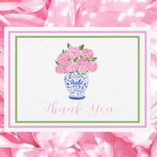 Pink Watercolor Hydrangea Script Border Thank You Card