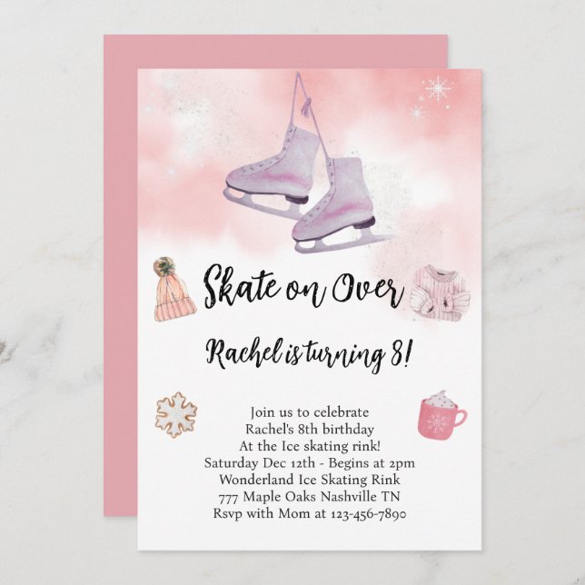 Pink Watercolor Ice Skating Birthday Invitation (Front/Back)
