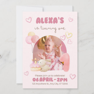 Pink Watercolor Illustrative Cute One YearBirthday Invitation