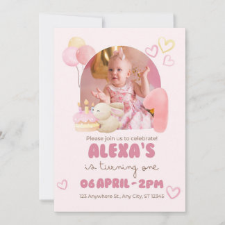 Pink Watercolor Illustrative Cute One YearBirthday Invitation