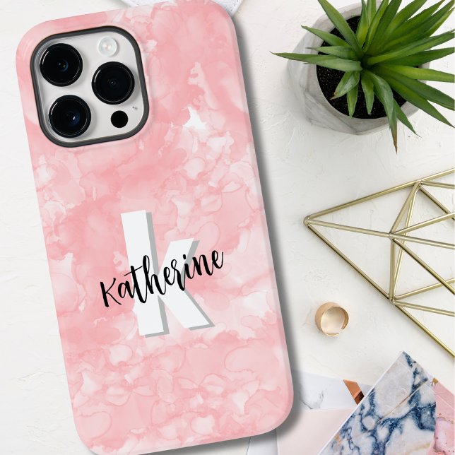 Pink Watercolor Initial Monogram iPhone Case (Simple Pink Watercolor Initial Monogram Case-Mate iPhone 14 Pro Max Case)
