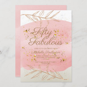 Pink Watercolor Ivory and Gold Dust 50th Birthday Invitation