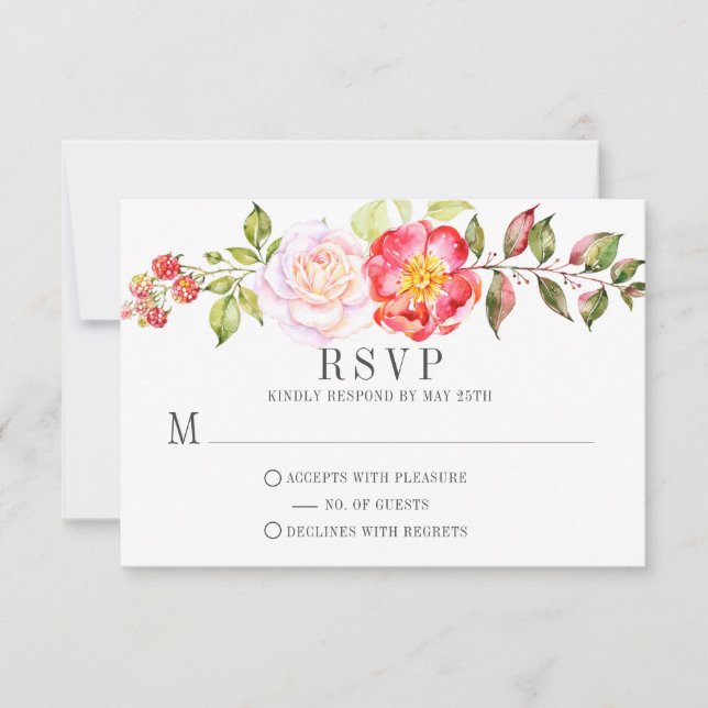 Pink Watercolor Knockout Roses Greenery RSVP (Front)