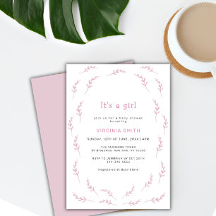 Pink Watercolor Leaves Frame Baby Shower Invitation