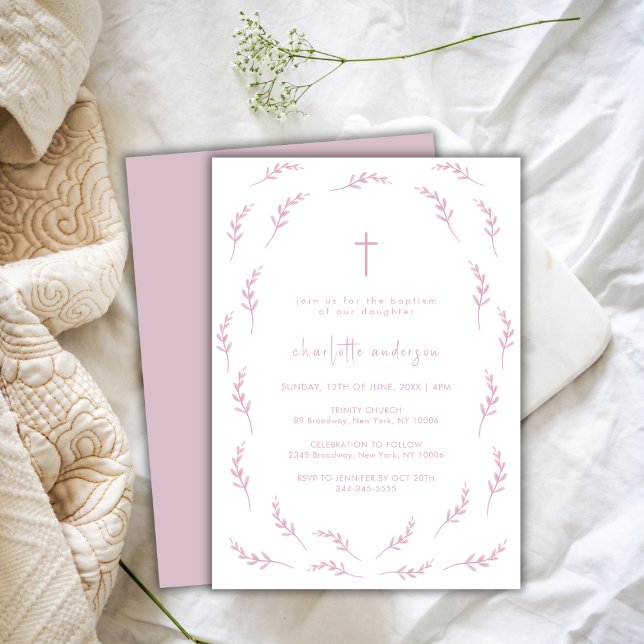 Pink Watercolor Leaves Frame Cross Girl Baptism Invitation (Pink Watercolor Leaves Frame Cross Girl Baptism Invitation)