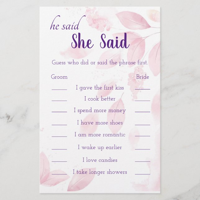 Pink Watercolor Leaves He Said She Said Game Card (Front)