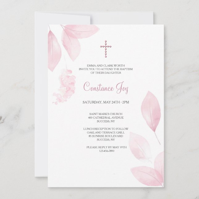 Pink Watercolor Leaves Religious  Invitation (Front)