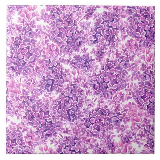 Pink watercolor lilac flowers ceramic tile (Front)