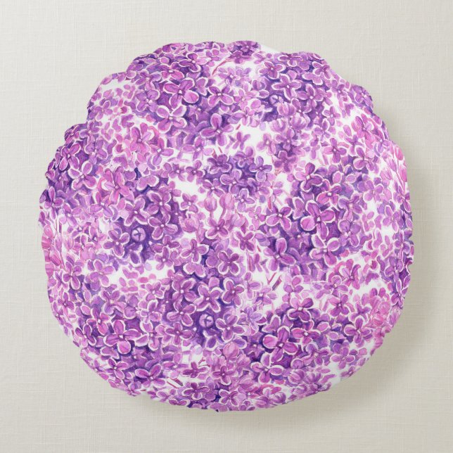 Pink watercolor lilac flowers round cushion (Front)