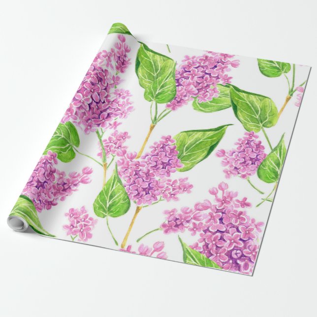 Pink watercolor lilac flowers wrapping paper (Unrolled)