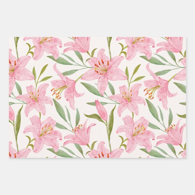 Pink Watercolor Lily Flowers Botanical Wrapping Paper Sheet (Front 3)