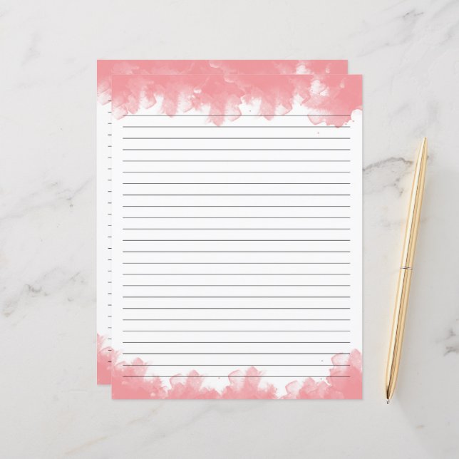 Pink Watercolor lined stationery paper (Front/Back In Situ)