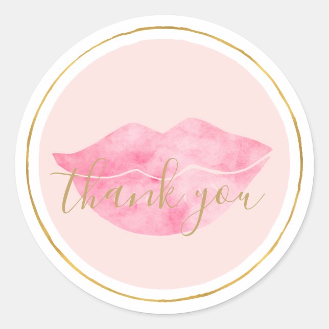 Pink Watercolor Lips Thank you Classic Round Sticker (Front)