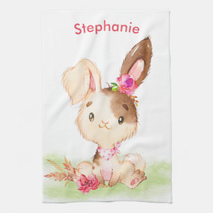 Pink Watercolor Little Bunny Tea Towel