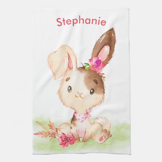 Pink Watercolor Little Bunny Tea Towel (Vertical)