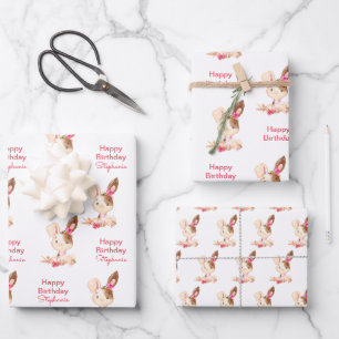 Pink Watercolor Little Bunny Wrapping Paper Sheet