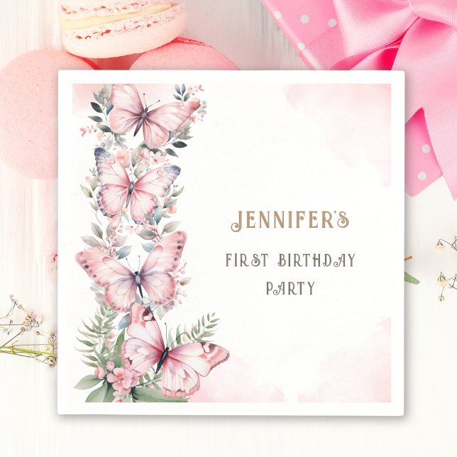Pink Watercolor Little Butterfly Girl 1st Birthday Napkin (Creator Uploaded)