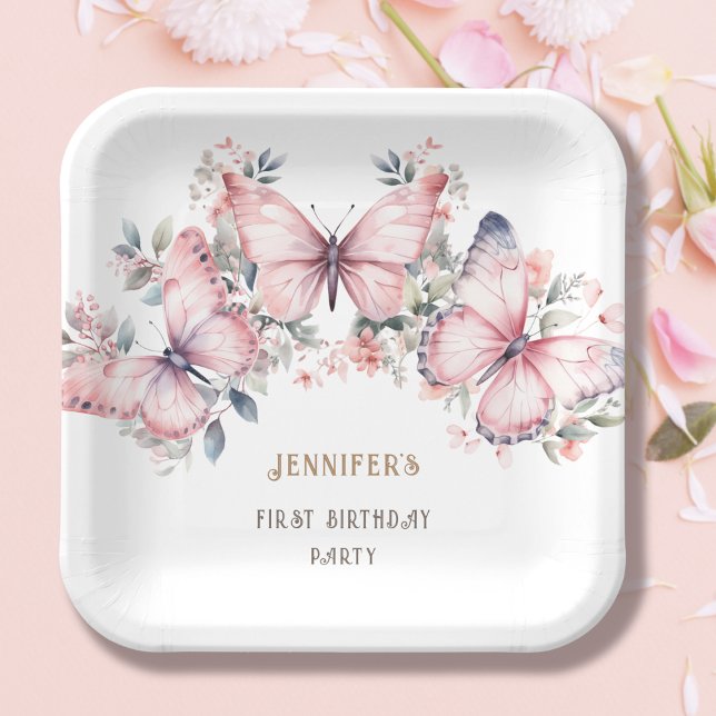 Pink Watercolor Little Butterfly Girl 1st Birthday Paper Plate (Creator Uploaded)