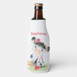 Pink Watercolor Little Cow Bottle Cooler