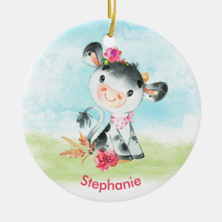 Pink Watercolor Little Cow Ceramic Ornament