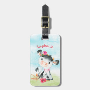 Pink Watercolor Little Cow Luggage Tag
