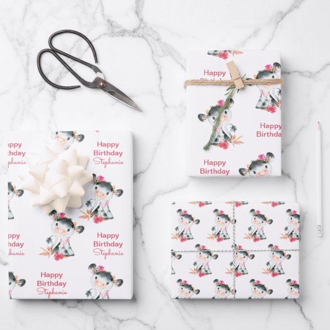 Pink Watercolor Little Cow Wrapping Paper Sheet (Front)