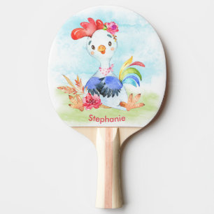 Pink Watercolor Little Rooster Ping Pong Paddle