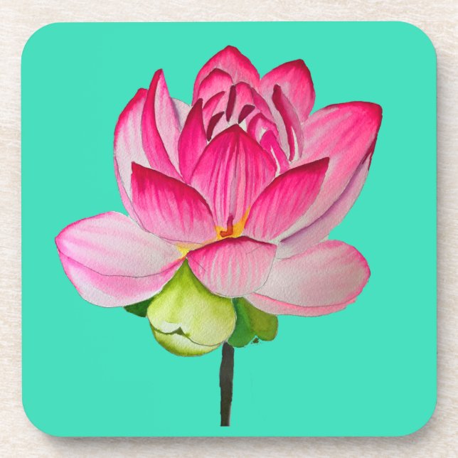 Pink watercolor lotus flower fine art coaster (Front)