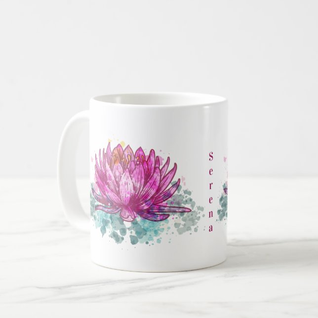 Pink Watercolor Lotus Flower with Name Coffee Mug (Front Left)