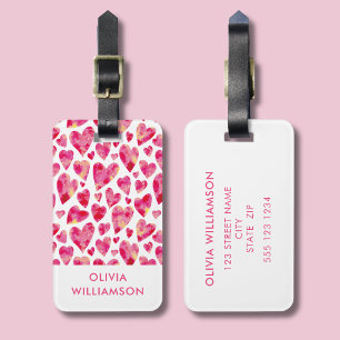 Pink watercolor love heart luggage tag