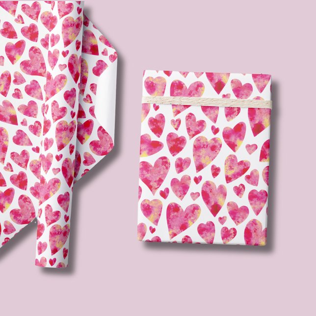 Pink Watercolor Love Heart pattern Wrapping Paper (Pink love heart wrapping paper  for Valentines Day, girls female birthday, wedding or engagement.)
