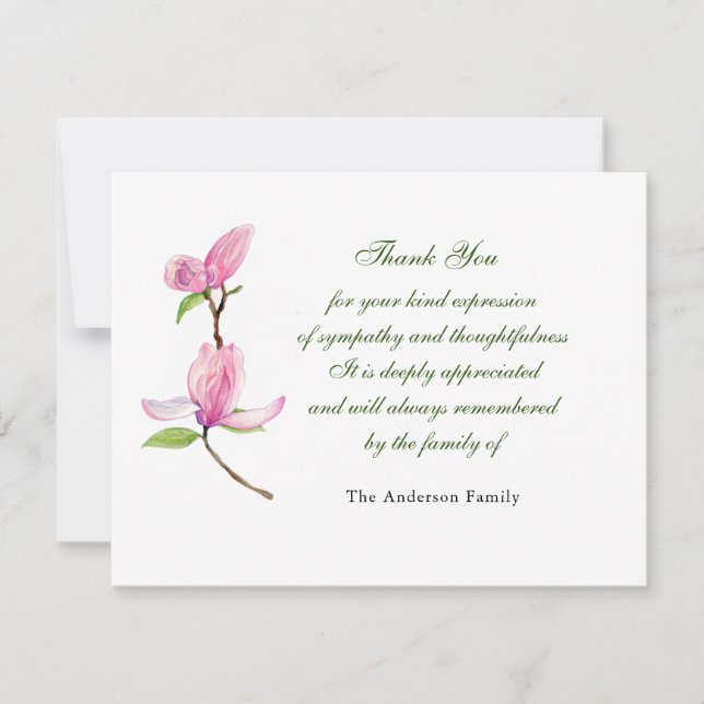 Pink watercolor Magnolia flower thank you card (Front)