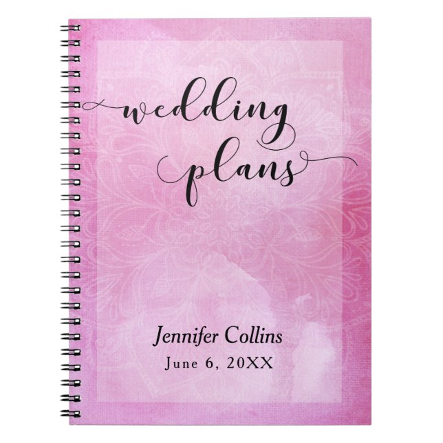 Pink Watercolor Mandala Typography Wedding Planner Notebook (Front)