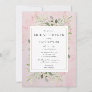 Pink Watercolor Marble Greenery Bridal Shower Invitation