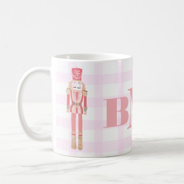 Pink Watercolor Monogram Nutcracker Gingham Winter Coffee Mug (Left)