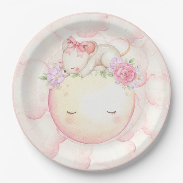 Pink Watercolor Moon Stars Mouse Floral Paper Plate (Front)