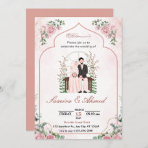 Pink Watercolor muslim wedding invitation cards