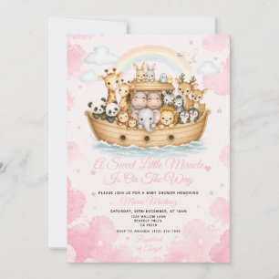 Pink Watercolor Noah's Ark Baby Shower Invitation
