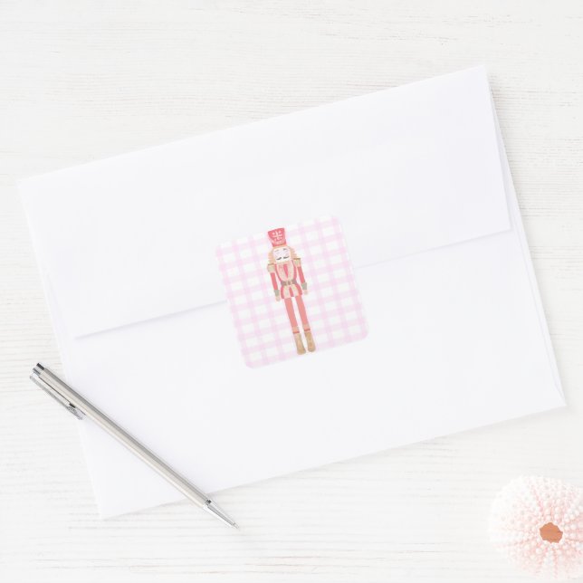 Pink Watercolor Nutcracker Gingham Winter Square Sticker (Envelope)