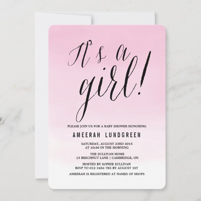 Pink Watercolor Ombre Baby Shower Invitation (Front)
