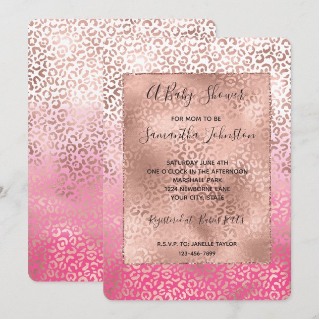 Pink Watercolor Ombre Leopard Print Baby Shower Invitation (Front/Back)