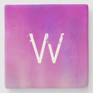 Pink Watercolor Ombre Monogram Stone Coaster