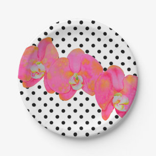 Pink watercolor Orchid painting polka dots Paper Plate