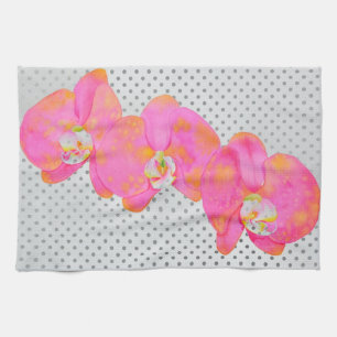 Pink watercolor Orchid painting, polka dots Tea Towel