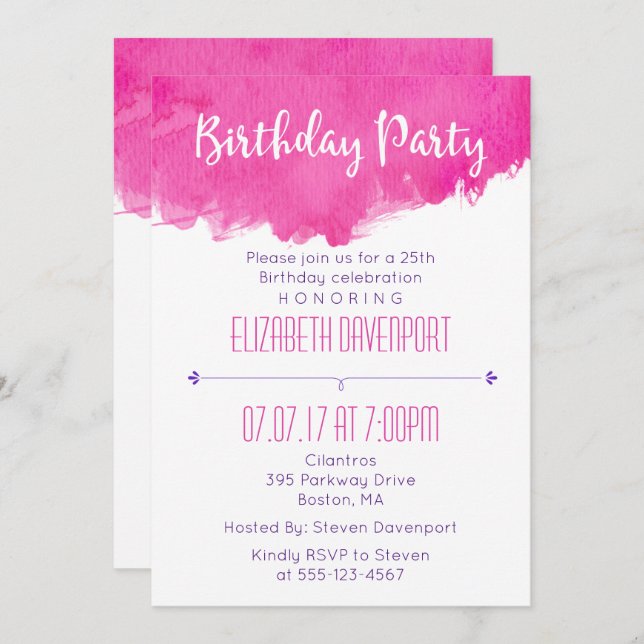 Pink Watercolor Paint Splatter Birthday Invitation (Front/Back)