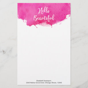 Pink Watercolor Paint Splatter Hello Beautiful Stationery
